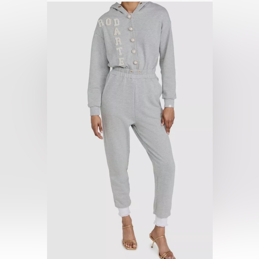 Rodarte Women's Gray Hooded Logo Crystal Embellished Jumpsuit Size XS